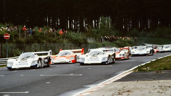 1983 Race Nuerburgring (1000 km). Here is the first lap with the following first start
No. 1, driver: Jochen Mass and Jacky Ickx (overall winner)
No. 2, drivers: Stefan Bellof and Derek Bell in a 956 KH; Stefan Bellof set the fastest lap time ever achieved on the Nordschleife of the Nuerburgring in this race.